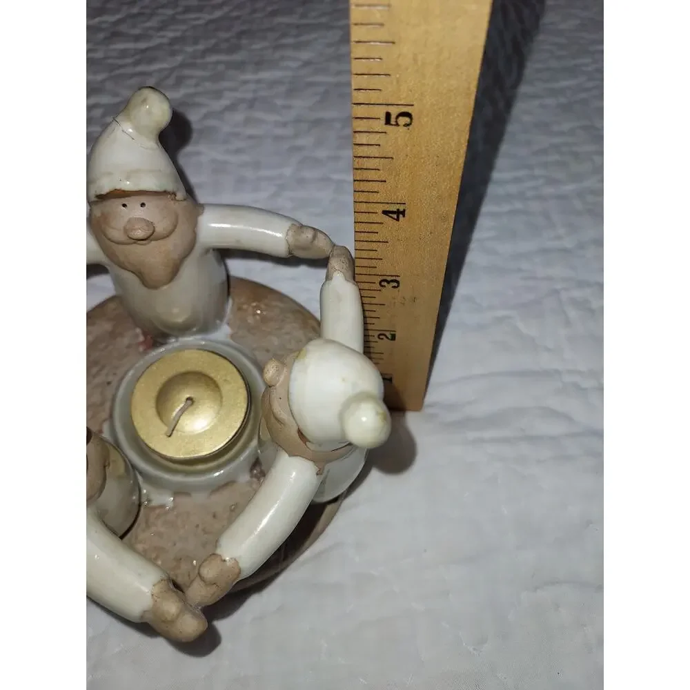 Kirklands Stoneware Tea light Candle Holder w/ 3 elves natural stone color 5